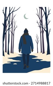 Homem caminhando em um caminho nevado em uma floresta de inverno, sob uma lua crescente e estrelas, criando uma cena serena de noite.