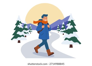 Mann auf schneebedecktem Weg durch Winterwald mit Bergen, Sonne aufgeht hinter schneebedeckten Bäumen und Hügeln