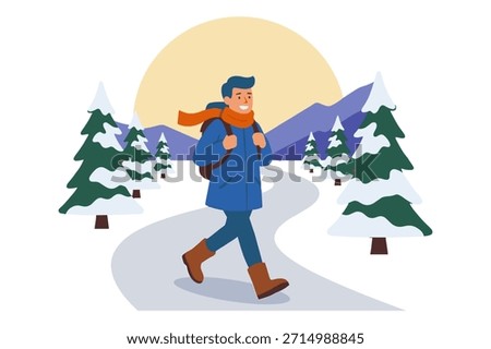 Man walking on snowy path through winter forest with mountains, sun rising behind snow covered trees and hills