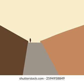 Man walking up on the stair in town center. Modern outdoor architecture. Brown color tone. 