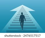 Man walking on a stairway leading up to the top. Business concept isolated vector illustration