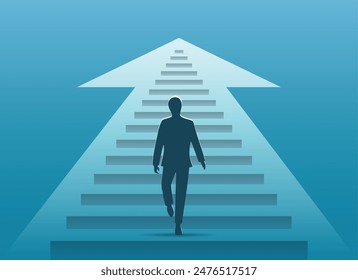 Man walking on a stairway leading up to the top. Business concept isolated vector illustration