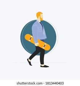 Man walking on the street and bringing his skateboard to go to skatepark