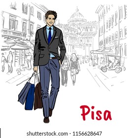 Man walking on street of Pisa, Italy