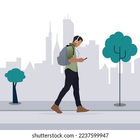 hombre caminando por la calle mientras escucha Musing ilustración vectorial