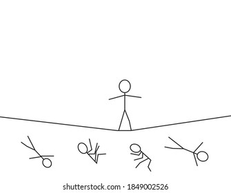 A man walking on the thin line and someone falling down,business concept outline hand drawn ,vector illustration.