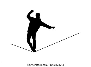 Man Walking On A Tight Rope Black Silhouette, Isolated On White Background