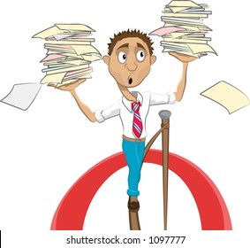 A man walking on a tightrope trying to balance e.g. work/ bills.