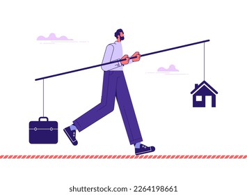 Hombre caminando sobre una cuerda floja con equilibrio de trabajo y vida. Ilustración vectorial del concepto de trabajo y vida