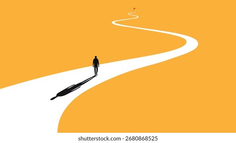 A man walking on a winding road towards the light at the end of the path