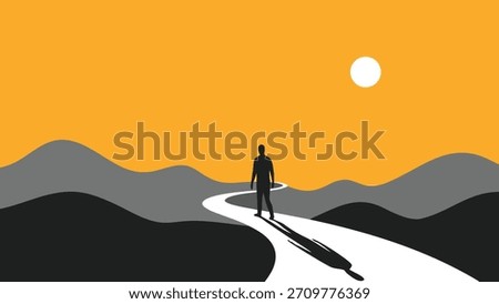Man Walking on Winding Road Towards Horizon Over Mountains at Sunset - Journey, Challenge, Future Direction