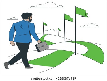 Man walking our goal. Goal setting, business, success. Businessman challenges himself, project growth startup. Milestones of business projects. Graphic design of plan roadmap.