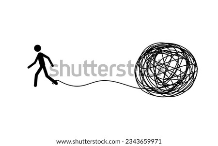 A man walking out of black yarn tangled in a mess, anxiety and depression concept.