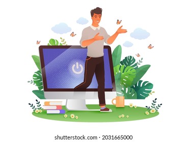 Man walking out from computer screen retreating from internet addiction, digital detox concept Vector illustration.