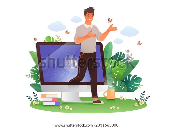 Man\
walking out from computer screen retreating from internet\
addiction, digital detox concept Vector\
illustration.