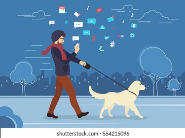 Man walking outdoors with dog in the evening and using smartphone to read news and messages in social networks. Flat concept illustration of people addiction to networks and spending time in internet