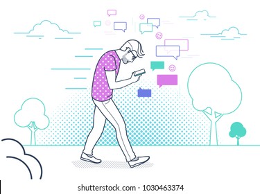 Man walking outdoors in park and using smartphone to send sms and messages in social networks and communities. Flat vector illustration of people addiction to networks and publishing images for likes