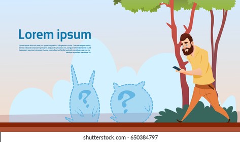 Man Walking Outdoors Use Cell Smart Phone Playing Games Applications Banner With Copy Space Flat Vector Illustration