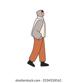 Homem andando ao ar livre, usando capuz. Personagem masculino indo, passeando no capô, mãos nos bolsos, estilo urbano. Jovem perfil de cara, roupa casual Ilustração de vetor plana isolado no fundo branco