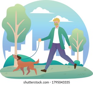 A Man Walking Outside With His Dog Illustration