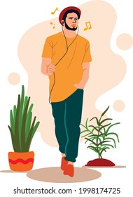 Man Walking Outside And Listening To Music Illustration. Young Man In Casual And Trendy Clothes Holding Earphone Cable And Flat Street Style Concept