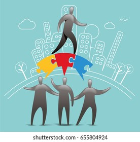 Man walking over jigsaw bridge