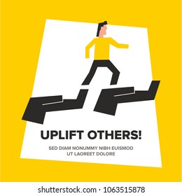 Man Walking over Two Hands. Vector Illustration. Uplift Others Concept.