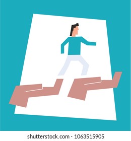 Man Walking over Two Hands. Vector Illustration. Help / Recommend / Uplift a Friend Concept.