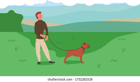 Man walking in park with dog vector illustration. Outdoor cartoon activity with animal pet. Happy cute friend play in grass. Human relax leisure nature background. Friendship family concept