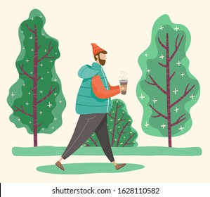 Man walking in park or forest alone. Guy hold paper cup with drink in hand while strolling through lawn. Person in warm clothes like hat and jacket. Green spring landscape. Vector illustration in flat