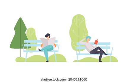 Man Walking in Park Sitting on Bench Reading Book and Newspaper Vector Set