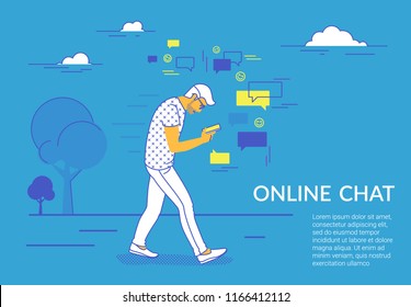 Man walking in park using smartphone to send messages in social media. Flat vector illustration for website and landing page design of people addicted to online chat, network, likes and reposting news