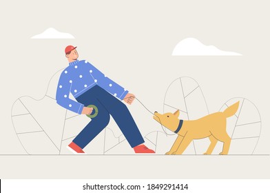 Mann, der mit einem Hund als Haustier spaziert. Flache Cartoon-Stil, Vektorgrafik.