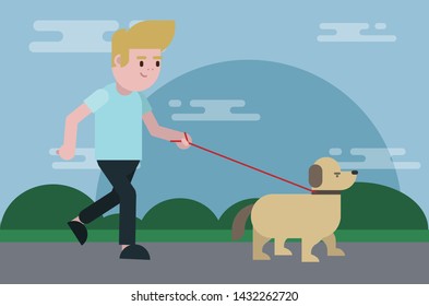 Man walking with pet flat cartoon