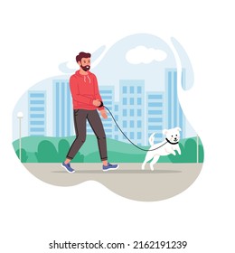 Man walking with pet on leash in city park. Vector flat illustration. Male strolling on street with dog. Adorable domestic animal owner enjoy outdoor activity