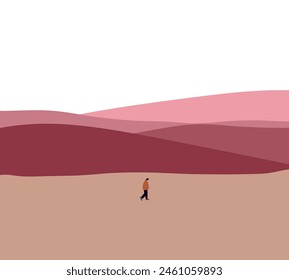 Man walking in pink mountain. Travel active healthy lifestyle summer vacations outdoor alone.