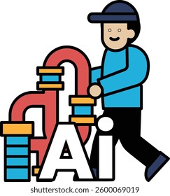 A man is walking with a pipe and a sign that says AI. The man is smiling and he is happy