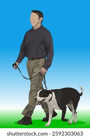 Man walking a pit bull terrier dog on a leash in a park. Hand drawn Illustration