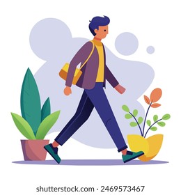 man walking with plant and potted plant vector illustration