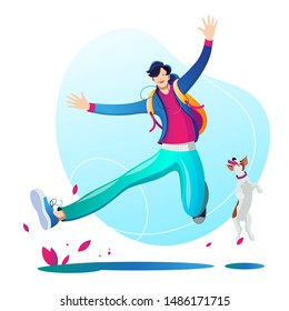 A man walking and playing with his dog. Character. Illustration on white background.