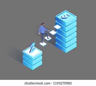 Man walking from Polish Zloty to dollar pedestal, financial choice for future. Earning money in international currency concept 3D isometric icons vector