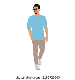 man walking pose with blue long arm shirt, editable vector 