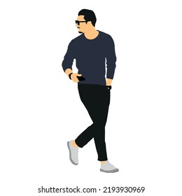 man walking pose with long t-shirt and black pants, editable vector 