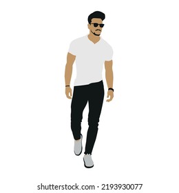 man walking pose with t-shirt and black pants, editable vector 