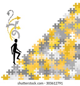 Man walking up the puzzle stairs with thoughts arrows