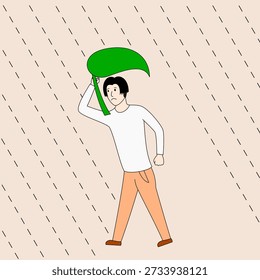Um homem está andando na chuva segurando um guarda-chuva de folha verde. O homem está olhando para baixo e ele está de mau humor