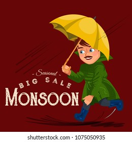 Man walking rain with umbrella hands, raindrops dripping into puddles, boy waterproof jacket rubber boots under raining clouds vector illustration