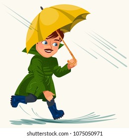 Man walking rain with umbrella hands, raindrops dripping into puddles, boy waterproof jacket rubber boots under raining clouds vector illustration