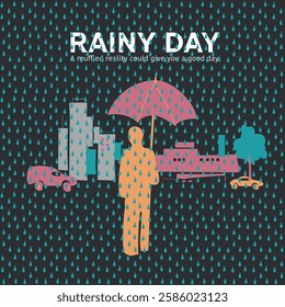 Man walking in a rainy cityscape. Cover title: Rainy Day. Vector design