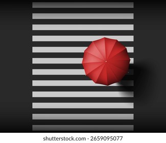Hombre que camina con el paraguas rojo en el cruce peatonal. Vista superior. Ilustración vectorial